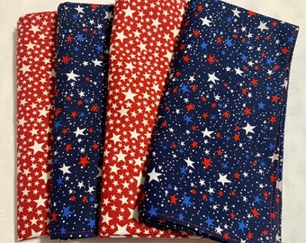 4th of July Cloth Napkins- Set of 4 Patriotic Stars- 100% Cotton Dinner Napkins- Reversible 2-ply Reusable- Picnic Linens