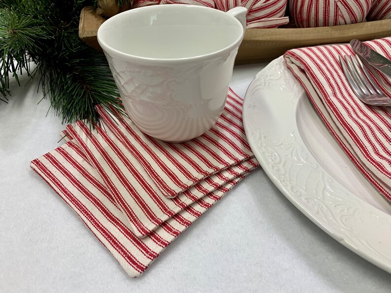 Set of 4 Rustic Red Ticking Stripe Napkins, Coasters, or Ornaments Homespun Holiday Decor Primitive Christmas Housewarming Hostess Gift image 4