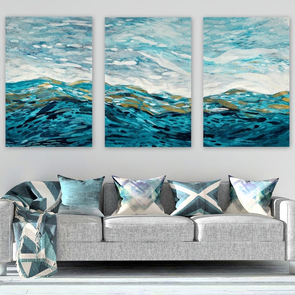 Large Abstract Seascape Triptych, Original Acrylic Paintings on three 24x36 canvases, Extra Large Wall Art, coastal ocean teal blue gold