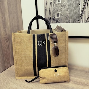 Grand sac fourre-tout personnalisé avec sac à main assorti - Motif rayé élégant pour le voyage, le travail, la plage ou les cadeaux - Sac sur mesure pour les loisirs