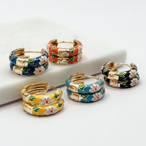 Floral Hoop Earrings, Hand Painted Enamel Hoops, Bridesmaid Gift
