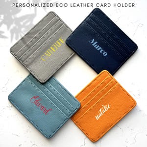 Porte-cartes personnalisé en cuir écologique - Porte-cartes de crédit minimaliste pour tous les jours avec porte-monnaie personnalisé pour la fête des Pères
