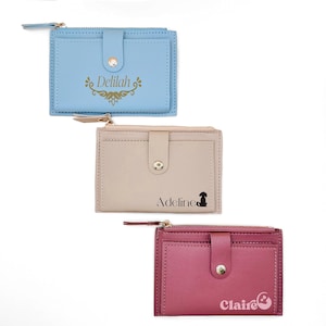 Cartera delgada personalizada para mujer - Tarjetero plegable de cuero ecológico con bolsillo con cremallera - Monedero con nombre personalizado, regalo para ella, regalo personal