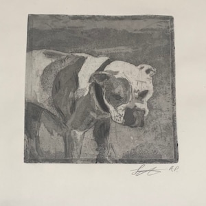 May include: A grayscale etching of a dog, likely a bulldog, with a white and dark pattern. The artwork is on a square surface with a textured appearance. The artist's signature is visible in the lower right corner. The artwork is on a white background.