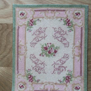 Pink and green Rose Floral Dollhouse miniature rug 5.25&quot;X6.5&quot; petit point carpet Victorian