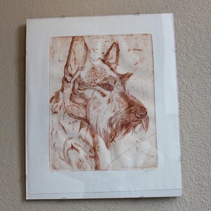 Puede incluir: Una impresión en tonos sepia enmarcada de un perro Scottish Terrier. La obra de arte representa la cabeza y los hombros del perro de perfil, mostrando su distintiva barba y largas orejas puntiagudas. La impresión está montada en un marco blanco y colgada en una pared de color neutro.