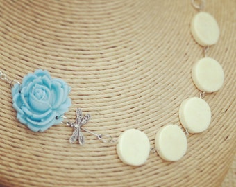 Dragonfly and Blue Flower Necklace