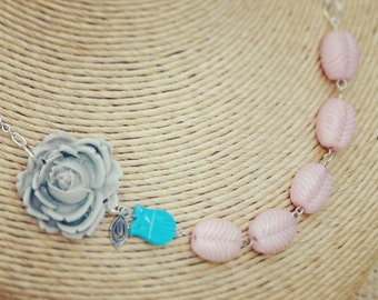 Pink and Gray Flower Necklace with Teal Owl