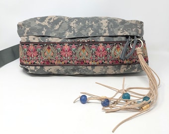 Camo Bag: Military Surplus Cross Body Bag with Embroidered Floral Border, Upcycled Milsurp, Camouflage Fanny Pack, Waist Pack, Hiking Pack