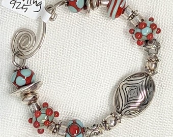 Handmade Sterling Silver Bracelet with Vibrant Red and Blue Lampwork Glass Beads, Sterling Silver Beads and Clasp, Adjustable Size!