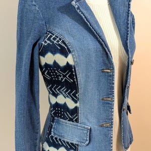 S ~ Upcycled Denim Blazer Jacket with African Mud Cloth, One of a Kind Jacket