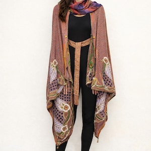 Hand Beaded Sari Cape, Ethnic Floral Shawl, Reversible Silk Embellished Wrap