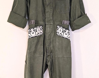 S/XL - Upcycled Military Jumpsuit, OG Cotton Coveralls, Black Sari Border Detail, Adjustable Size
