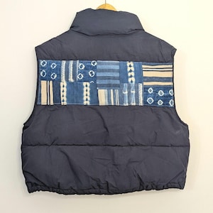 M-XL ~ Navy Puffer Vest with Indigo Mud Cloth Detail, Unisex