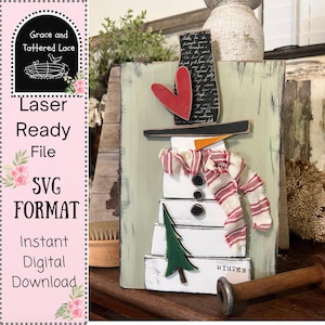 Farmhouse Wood Snowman Shelf Sitter SVG Laser Cut File (Digital Download