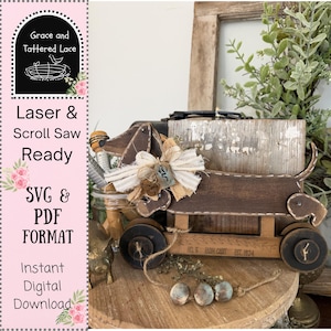 May include: A wooden dachshund dog-shaped cart with dark brown wheels and body. The cart has a decorative bow and the text "HL5 BH CART EST. 1824". The image also includes text that says "Laser & Scroll Saw Ready" and "SVG & PDF FORMAT".