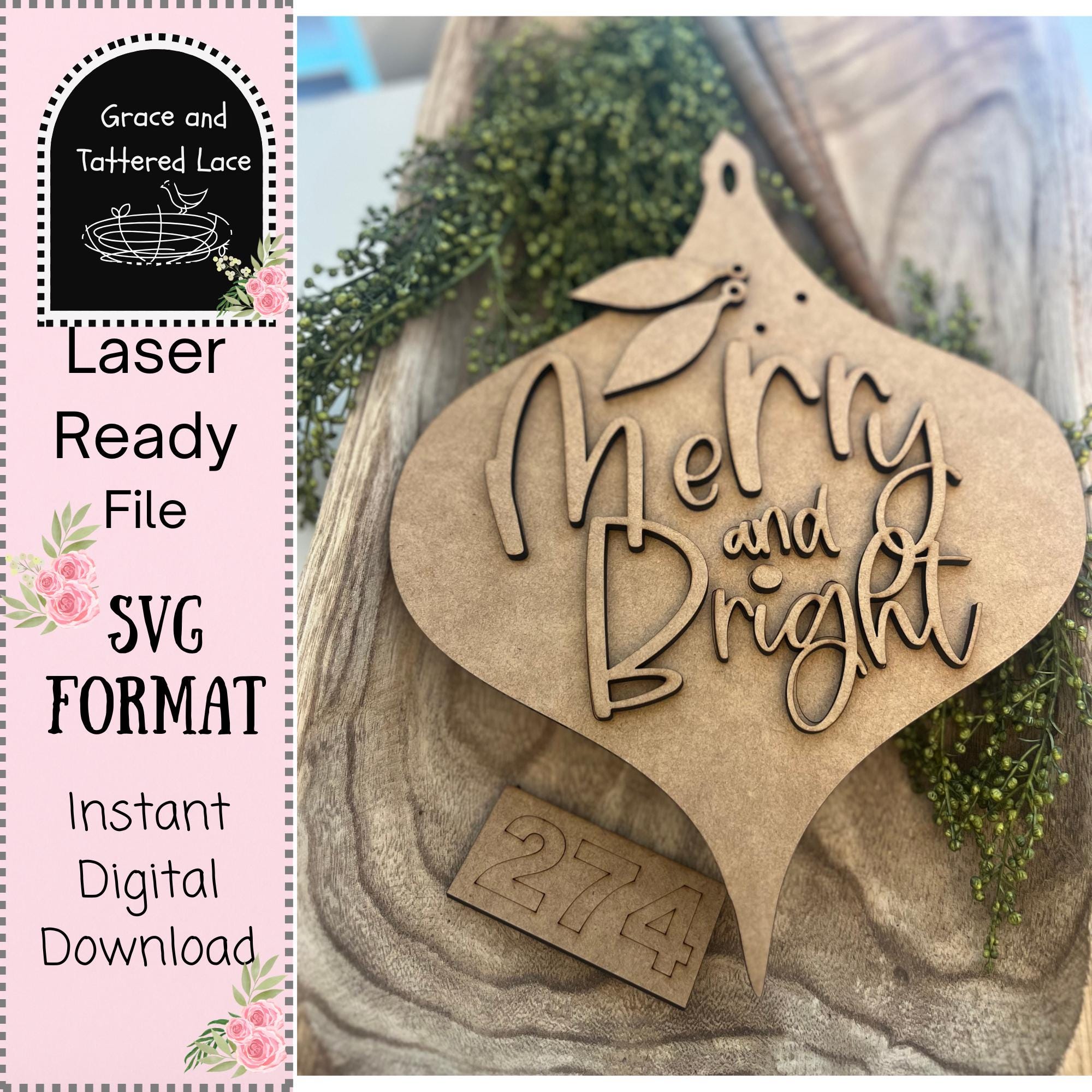 Merry and Bright Laser Cut File: Christmas Ornament SVG (digital ...