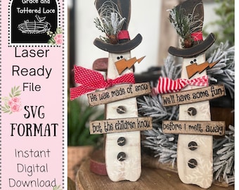 May include: Two wooden snowman decorations with black top hats, orange beaks, and red bow ties. Each snowman has a sign that reads "He was made of snow" and "We'll have some fun". The other signs read "but the children know" and "before I melt away".