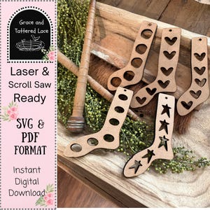 May include: Wooden sock-shaped cutouts with various designs, including hearts and stars, are displayed on a wooden tray. The image also features a wooden spindle and the text "Laser & Scroll Saw Ready" and "SVG & PDF FORMAT".
