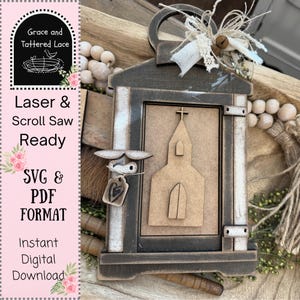 May include: A rustic wooden lantern with a church silhouette inside. The lantern is painted in shades of gray and white, with decorative accents. The image includes the text "Laser & Scroll Saw Ready" and "SVG & PDF FORMAT".