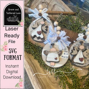 May include: Handmade wooden angel decorations with wings, hearts, and bows. The round ornaments have a rustic appearance. One ornament displays the text "Joy to the World". The image also includes the text "Laser Ready File SVG Format Instant Digital Download".