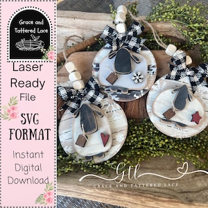 May include: Three wooden sheep ornaments with black and white buffalo check bows. Each ornament has a sheep design with a tag, and some have snowflake or heart accents. The ornaments are laser-ready files in SVG format, available for instant digital download.
