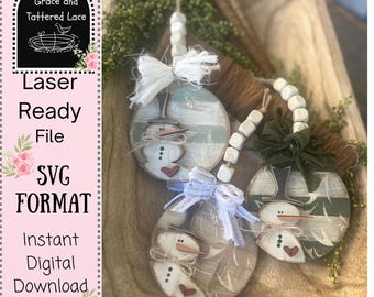 Rustic Round Snowman Ornament Set-3 pc 315 SVG Laser Cut File (Digital Download)