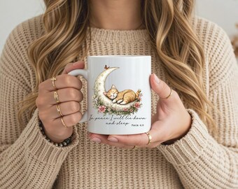 Personalized cat mug, White ceramic mug with sleeping cat design and “In peace I will lie down and sleep” quote, gift for pet lovers