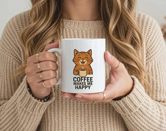 Personalized cat coffee mug with happy kitty and “Coffee Makes Me Happy” quote, ceramic cup 11 oz and 15 oz, cute gift for cat lovers