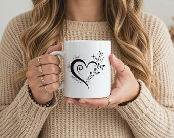Christian motivational mug with Faith Hope Strength quotes, heart with butterflies, white ceramic 11 oz and 15 oz, spiritual gift for women