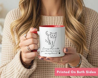 Personalized cat memorial mug with paw prints and “Every step with you” quote, ceramic coffee cup 11 oz 15 oz, pet loss gift for cat lovers