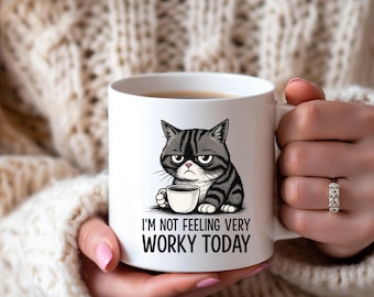 Personalized grumpy cat mug with “I’m not feeling very worky today” quote, funny sarcastic coffee cup gift for cat lovers and coworkers
