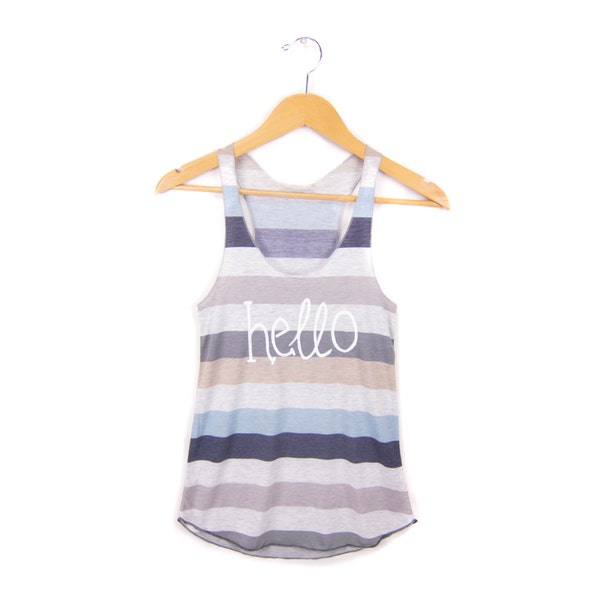 SAMPLE SALE - Hello - Racerback Hand Stenciled Slouchy Scoop Neck Swing Tank Top in Heather Blue and Cream Stripe - Women's S