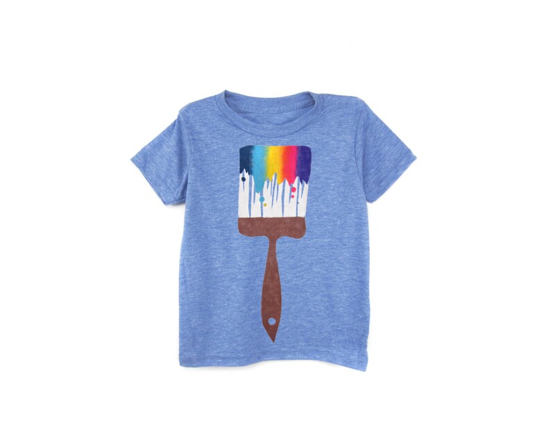 Crew Neck Short Sleeve Cotton Graphic Tshirt in Heather Blue and Rainbow Paint Brush Tee Baby Kids /& Youth
