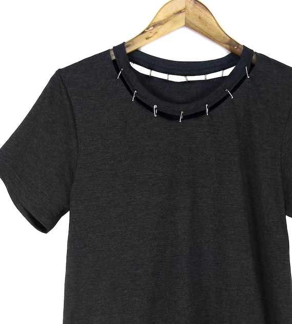 Pinned Cutout Neck Tee Punk Safety Pin T shirt, Loose Fit Tshirt, DIY Cut Out Top in Black Heather or Pick a Custom Color Women's S 3XL Pinned Cutout Neck Tee Punk Safety Pin T shirt, Loose Fit Tshirt, DIY Cut Out Top in Black Heather or Pick a Custom Color Women's S 3XL