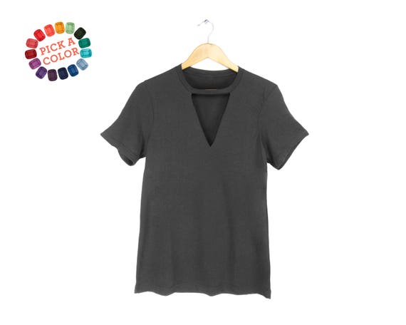 Cutout Deep V-neck Tee Choker T-shirt 