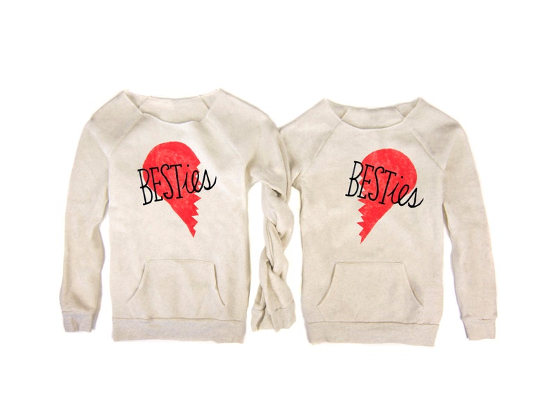 Scoop Neck Raw Edge Long Sleeve Fleece Pocket Sweaters in Heather Cream and Red Women/'s Size S-XL Besties Sweatshirt Pair