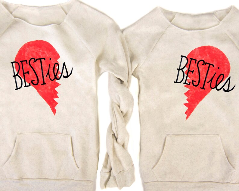 Scoop Neck Raw Edge Long Sleeve Fleece Pocket Sweaters in Heather Cream and Red Women/'s Size S-XL Besties Sweatshirt Pair