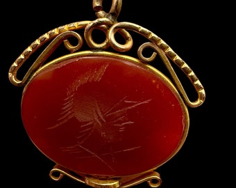 Antique Gold Filled Fob Charm Carnelian Stone Engraved Soldier