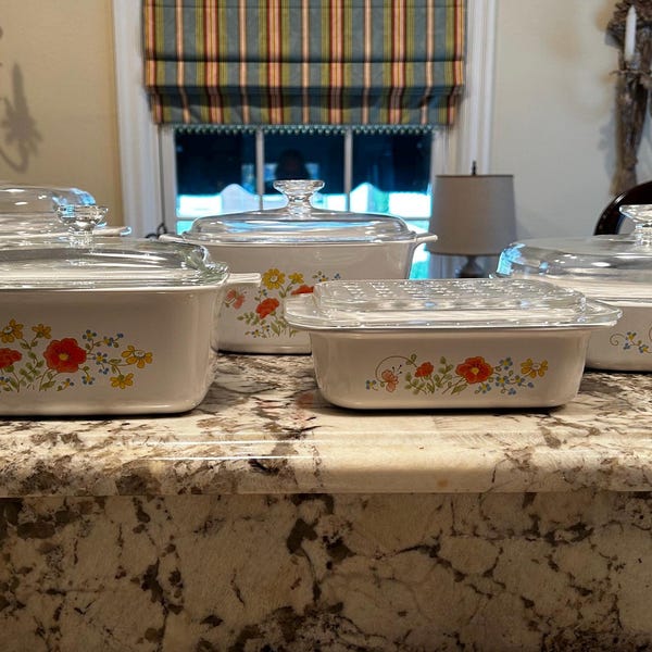 Corning Ware WILDFLOWER Set • 5 Casseroles w/ Lids • A-5-B, A-3-B, A-10-B, P-4-B, MC-1-B • Vintage Bakeware
