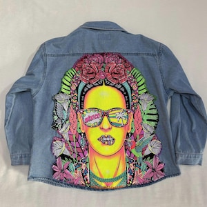 One-of-a-Kind Hand-Embroidered Frida Kahlo Pop-Art Denim Jacket by Arka Deo.