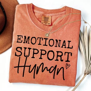 May include: A burnt orange t-shirt with the text "Emotional Support Human" in black lettering and a small heart symbol.
