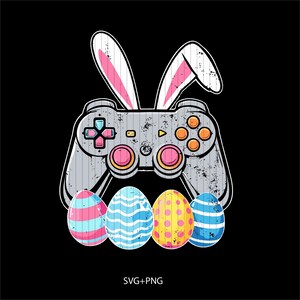 May include: A gray video game controller with pink and yellow buttons, decorated with bunny ears and surrounded by colorful Easter eggs.