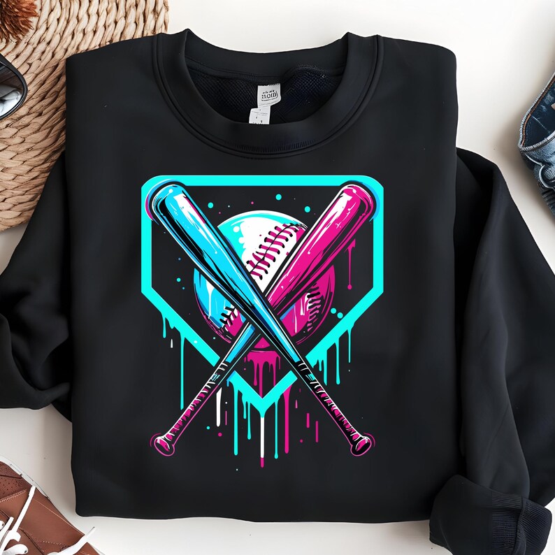 May include: Black sweatshirt with a graphic of two baseball bats crossed over a baseball in a home plate. The graphic is in neon blue, pink, and white colors with dripping paint.