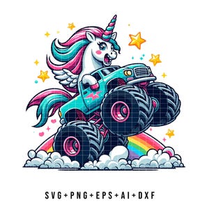 Monster Truck Einhorn SVG PNG, Geburtstagsparty Monster Truck Girl SVG Datei Shirt, Einhorn Geburtstag png Sublimation Design