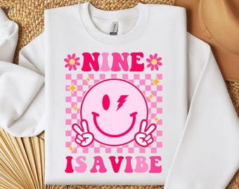 Nine Is A Vibe SVG PNG, 9th Birthday Groovy pink Girls 9 Years Old svg file shirt , Cute 9th Birthday Retro Groovy svg digital download