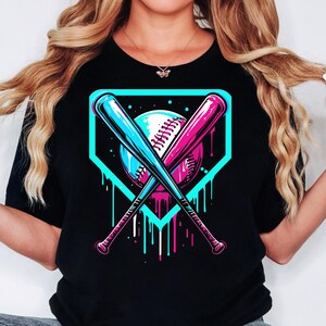 May include: Black t-shirt with a graphic of a baseball, two crossed bats, and a dripping paint effect in pink and blue.