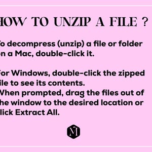 Op de afbeelding: Een roze achtergrond met witte tekst met de tekst "HOW TO UNZIP A FILE?". Er worden instructies gegeven voor Mac- en Windows-gebruikers over het decomprimeren van een gezipt bestand. Een zwart-wit logo staat in de rechter benedenhoek.