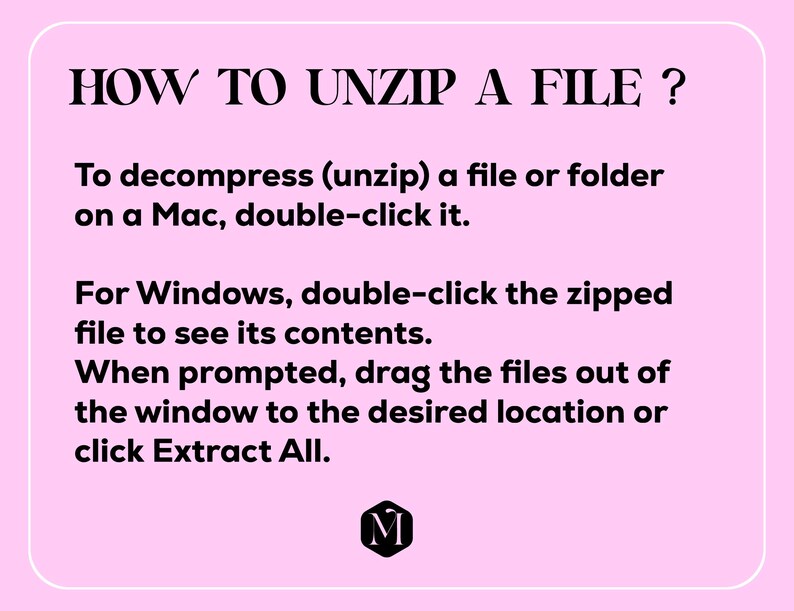 Op de afbeelding: Een roze achtergrond met witte tekst met de tekst "HOW TO UNZIP A FILE?". Er worden instructies gegeven voor Mac- en Windows-gebruikers over het decomprimeren van een gezipt bestand. Een zwart-wit logo staat in de rechter benedenhoek.