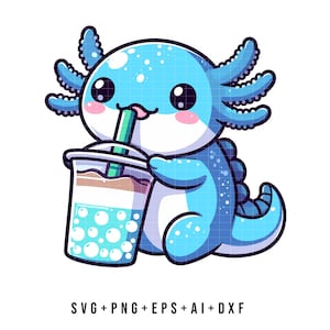 Carino Kawaii blu Axolotl SVG PNG, camicia di file in formato SVG divertente Axolotl Bubble Boba Tea Anime, Underwater Animal Baby Axolotl Kids Clipart